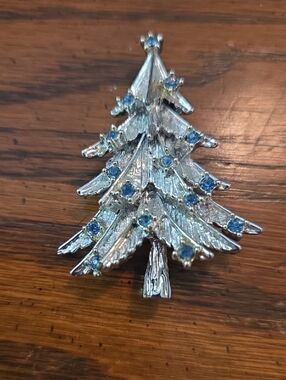 Silver Tone Christmas Tree Brooch with Blue Rhinestones